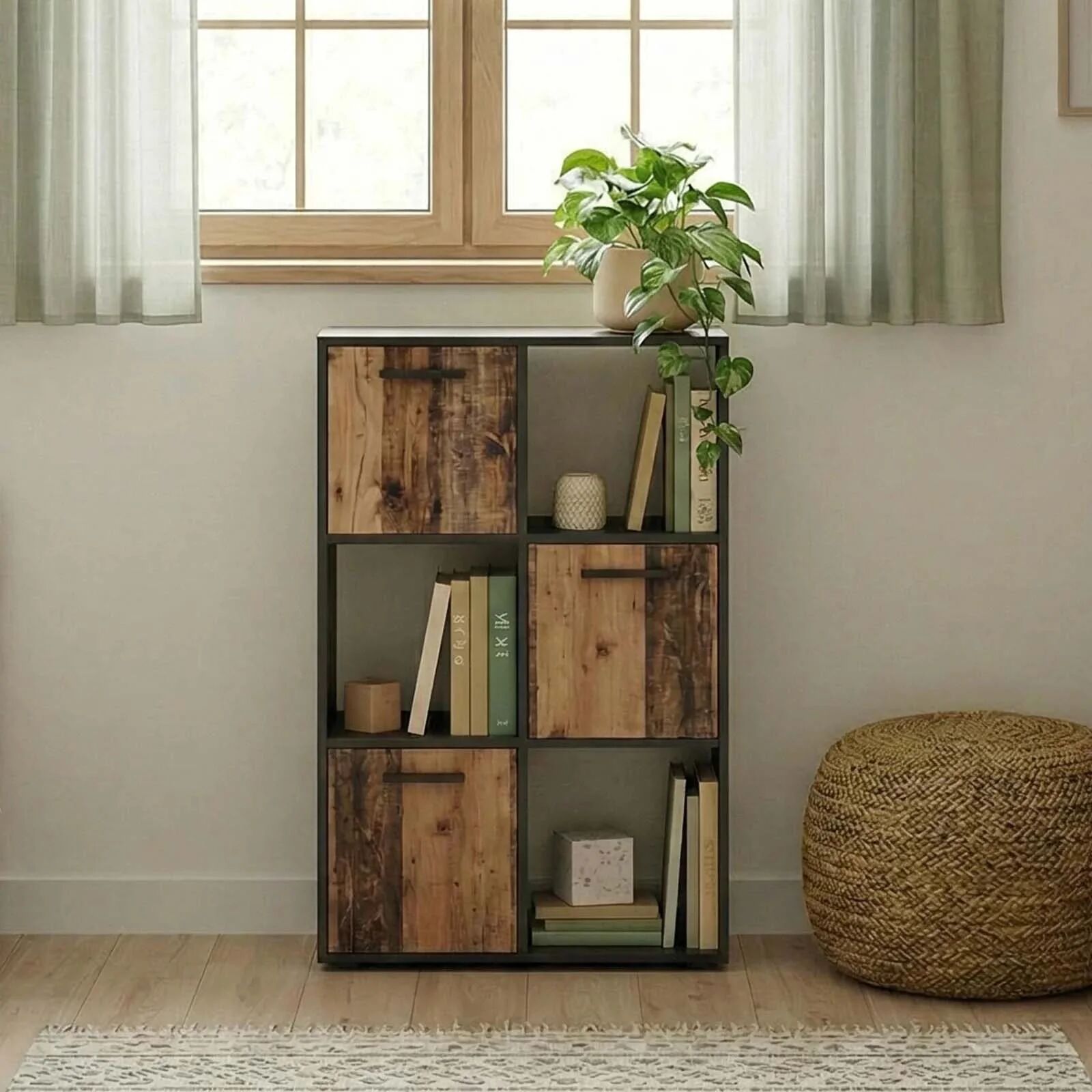 garneroarredamenti Comò libreria 80x106h cm 3 cassetti e 3 ripiani grafite rovere rustico Fada