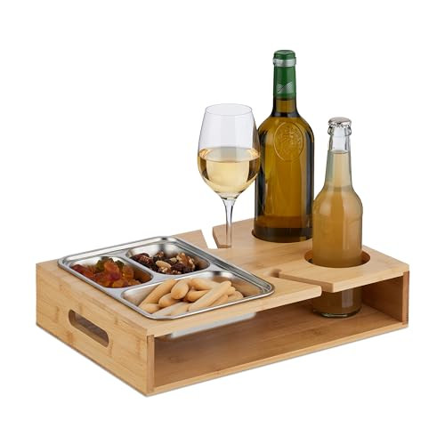 Relaxdays Couchbar van bamboe met rvs serveerschaal, bruin/zilver
