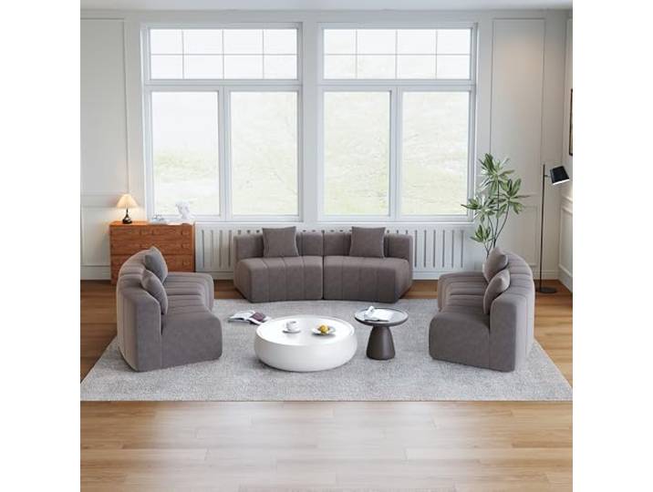 Chenille Sofa-Modul Halbrund 4-Sitzer Grau mit 2 Kissen Geschwungenes halbrundes Chenille-Modul mit 2 Kissen für Wohnzimmer, Schlafzimmer und Büro