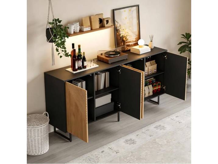 Buffet bas 4 portes AESVAR 160 cm bois naturel et noir 8 compartiments 40 kg