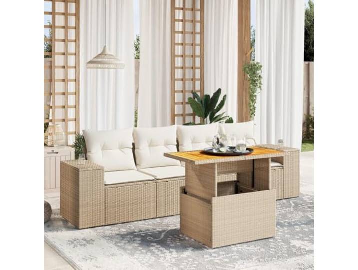 YUTAASU 5-TLG. Poly Rattan Sofagarnitur Beige mit Kissen