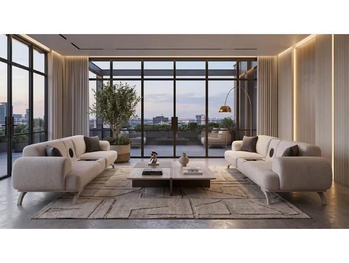 Xlmoebel Polstergarnitur Beiges 3+3-Sitzer Stoffsofa mit Multimedia-Modul für modernes, (2-tlg., 3-2)