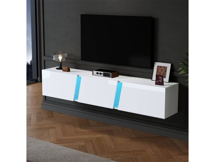 Meuble TV Blanc Laqué 180 cm avec LED Meuble TV Suspendu 3 Portes Meuble TV Scandinave Pas Cher avec Rangement Jusqu'à 75 Pouces
