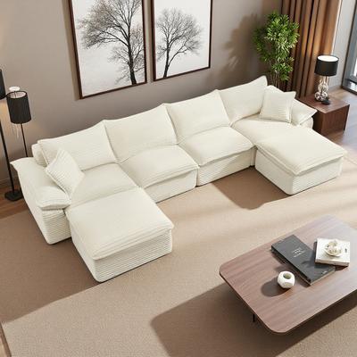 Corduroy Oversized U-Shape Cloud Sectional Sofa with Movable Ottoman and No Assembly Required.