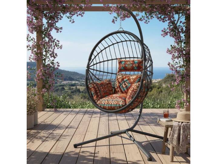 Fauteuil suspendu cocon avec support, anthracite, en rotin et acier