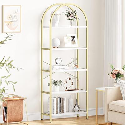 Garvee 5-Tier Arched Gold & White Marble Effect Metal Frame Bookshelf, Gold
