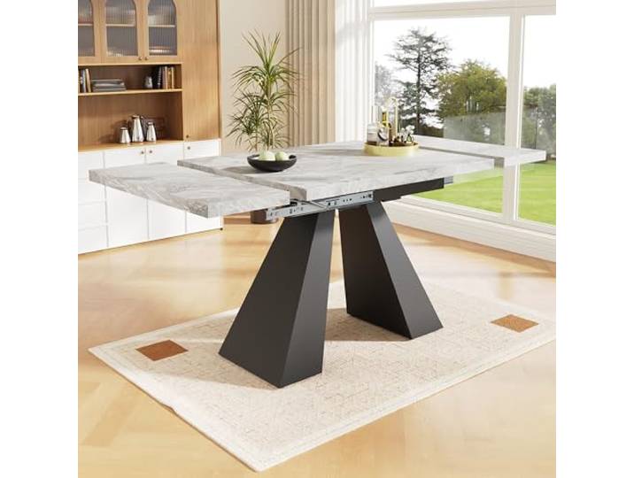 FammyLoft Esstisch Teleskoptisch(99-159 * 74cm), Ausziehbarer Esstisch, Platzsparender Küchentisch, Breite Arbeitsfläche, Esszimmertische mit Säulenbeinen für Küche und Wohnzimmer, Grau(Keine Stühle)