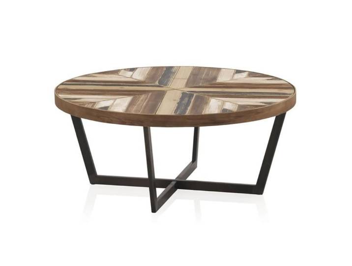 Table basse - JUANIO - Ø80xH35cm - Plateau plaqué sapin multicolore - Pieds métal noir - Forme ronde