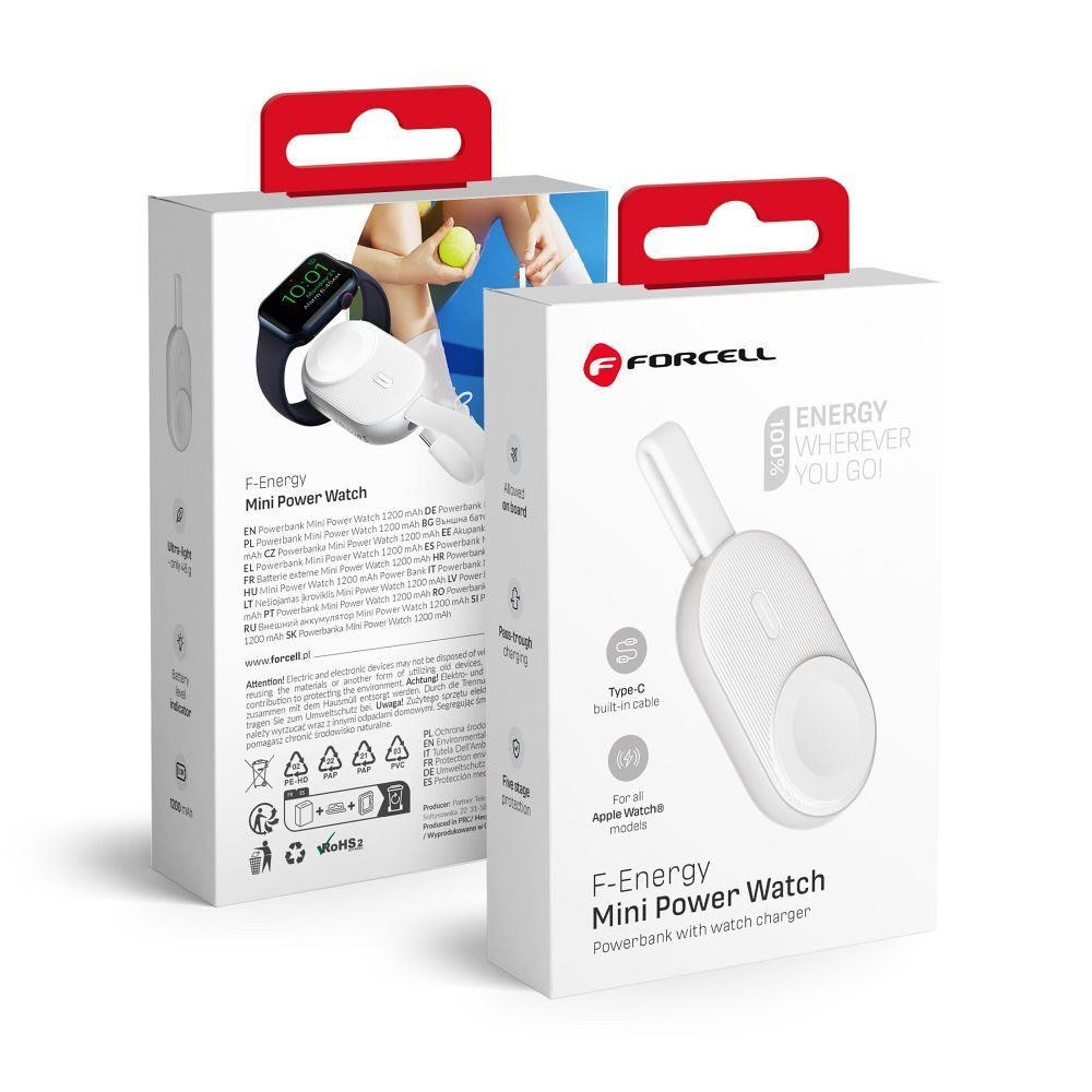 Forcell F-Energy Mini Power Watch 1200 mAh met draadloos opladen, Zilver/Wit