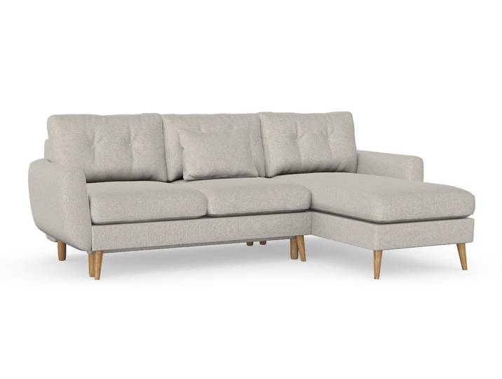 Harris Schlafsofa mit Chaiselongue, Massivholzkonstruktion, skandinavischer Stil, Hohe Beine aus Eichenholz, gewachst, Grande 03 Beige