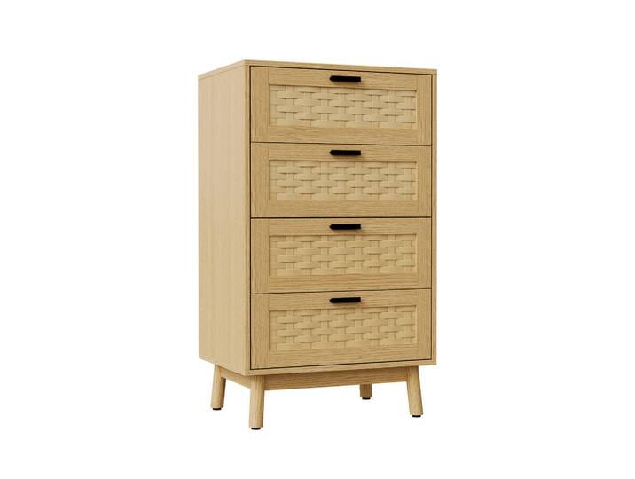 EuroLiving Kommode 4 Schubladen, Eiche, Rattanoptik Pvc, Holzfüße, E1 Platten, 40x55x95 cm, Eichefarben, 55x95x39.8 cm, Kleinmöbel, Kommoden, Kommoden