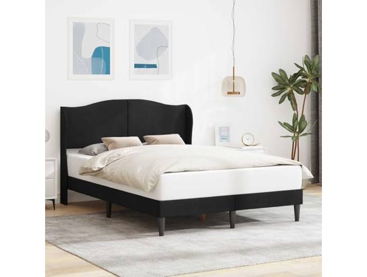 RJPLMFV Bettgestell, Velours, Schwarz, 140 x 200 cm Gepolstertes Kopfteil, Lattenrost inklusive, konische Füße, einfache Reinigung