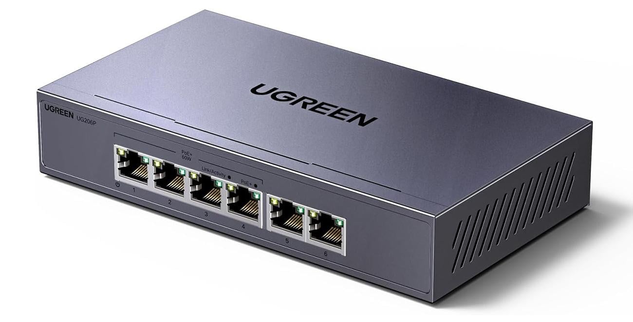 Ugreen 6-poorts Ethernet-switch met PoE, 1 Gbps, grijs