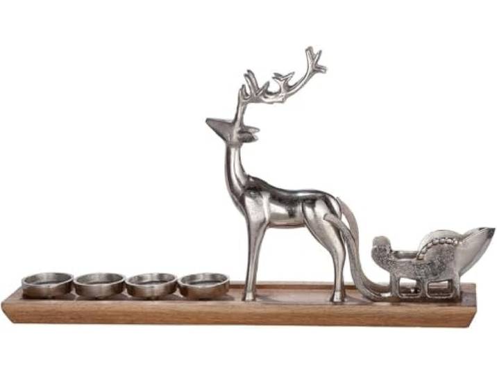 GILDE Grand bougeoir de l'Avent décoratif XL - Couronne de l'Avent bougeoir Moderne - Couronne de l'Avent décorative cerf avec traîneau - Bougeoir pour 4 Bougies Couleur : argenté Marron Largeur : 64
