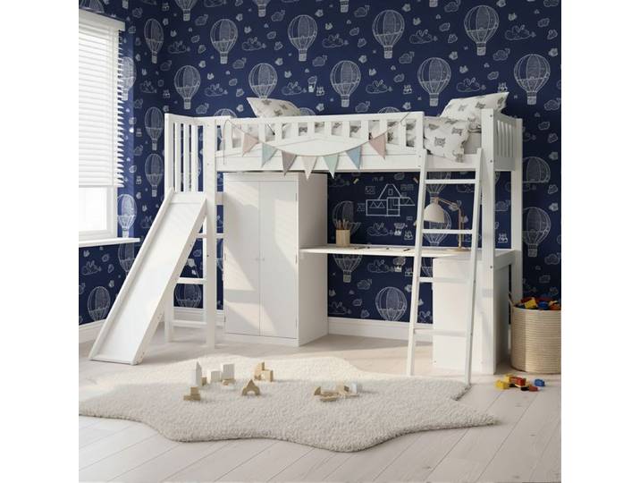 Lit Mezzanine Enfant 90x200 avec Toboggan Bureau et Armoire - Bois Massif Blanc - Lit Combiné Multifonction avec Échelle