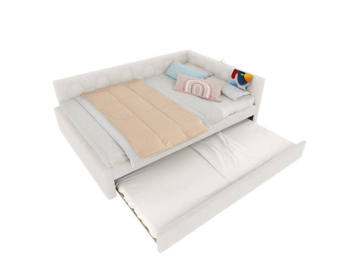 Okwish Daybett 140/200 cm Weiß mit Ausziehbett und USB-Anschluss aus Vliesimitat, 140x200 cm, Schlafzimmer, Betten, Polsterbetten