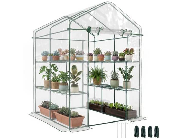 Outsunny Foliengewächshaus begehbar mit 6 Regalen, Stahl PVC, transparent