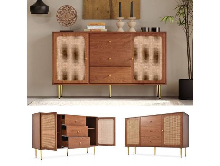 Commode - JAERLIUB - 2 portes - 3 tiroirs - Portes en rotin - Etagère réglable - Noyer Noyer#Naturel