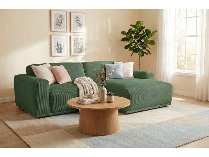 Ecksofa, Breitcord RIBBON, Grün (Winter Moss) 255×160 cm, Polsterung Kaltschaum, Modern, TRENDMANUFAKTUR