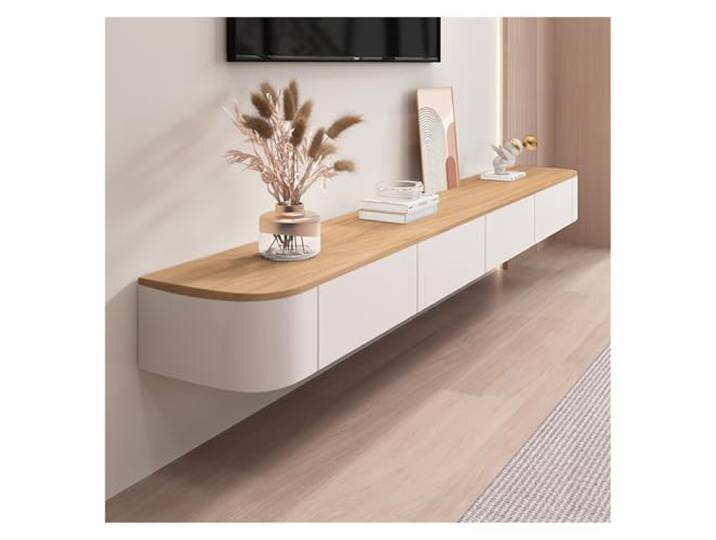 Btsunotr Schwebender TV-Schrank - Wandmontierte Home Storage Cabinet Mit Türen, Entertainment Media Console, Massivholz, Modernes Wohnzimmer, Runder Eck-TV-Schrank (White+Wood, 220cm)