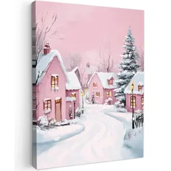 LEINWANDBILD Weihnachtsdorf - Rosa - Winter - Schnee - Häuser Room Decor 30x40 cm