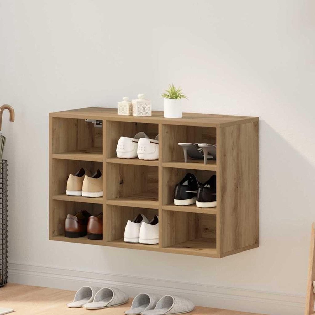 Moderne houten schoenenkast voor in de hal, wandmontage, Eiken