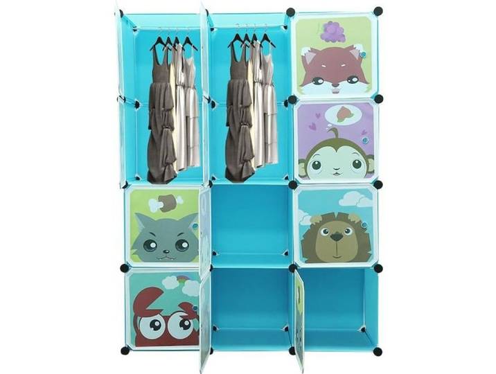 Armoire de Rangement Etagère Plastique Enfants Bleu - Cartoon - 12 Cubes - Pour Vêtements Chaussures Jouets