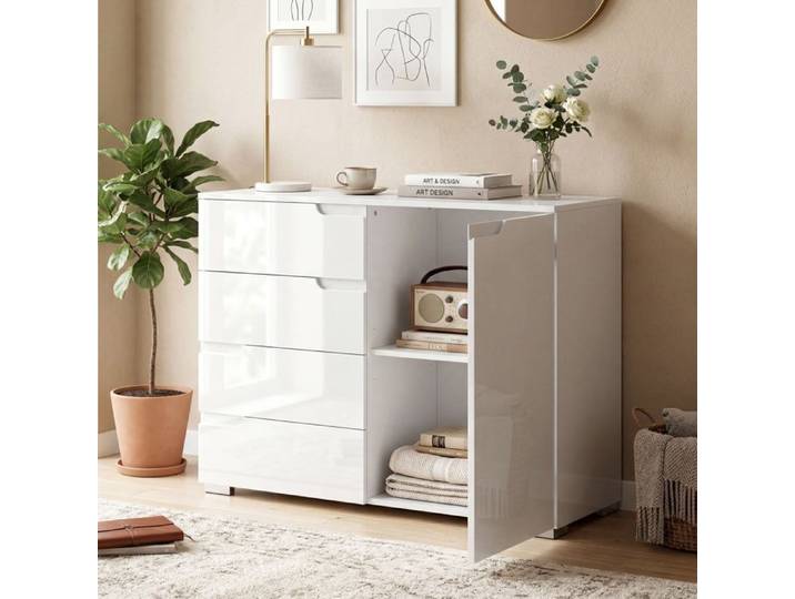 CollaHausse Commode 4 Tiroirs Buffet 1 Porte Étagère Réglable Salon Chambre 100x40x80 cm