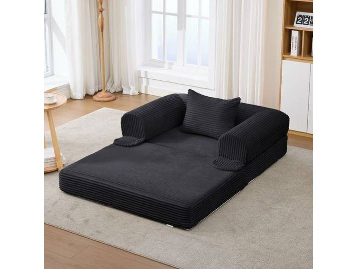 Canapé convertible 1 place en velours côtelé noir fauteuil-lit modulable avec coussin sans montage