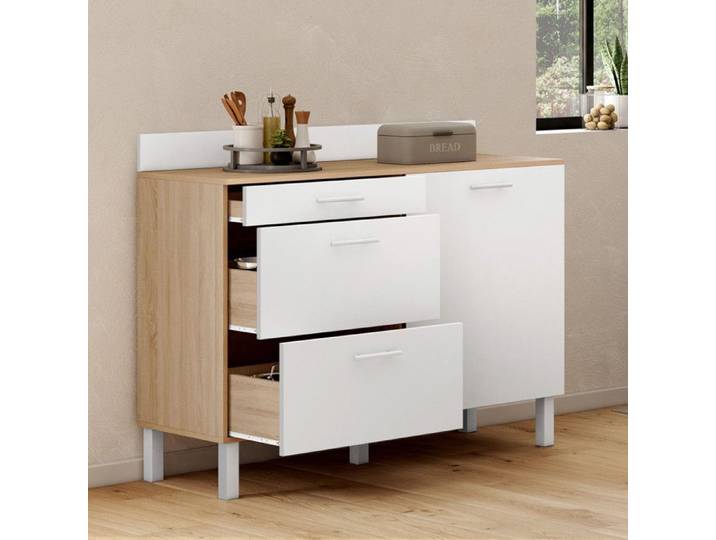 IDMARKET Buffet bas de cuisine 120 cm casserolier CINA plan de travail H.83 cm 1 porte + 3 tiroirs façon hêtre et blanc
