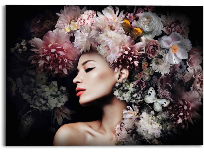 Glasbild REINDERS Glasbild Frau mit Blumenhut Frau - Schmetterling - Strauss - Romantik , bunt (farbe bild(er): mehrfarbig), B:70cm H:50cm, Acrylglas, Bilder, Glasbild