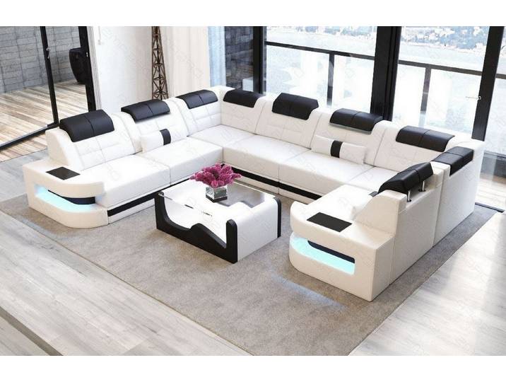 Sofa Dreams Wohnlandschaft Como U Form Leder, Couch, Couch, LED-Beleuchtung, Breite 338cm, Zierkissen, USB
