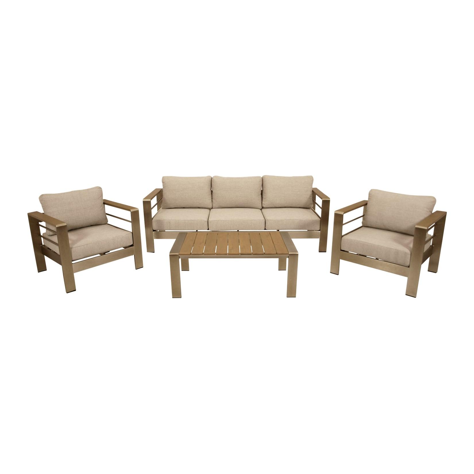 Lounge Set CANNES, Aluminium gebürstet + Kunstholz natur, Polster hellgrau