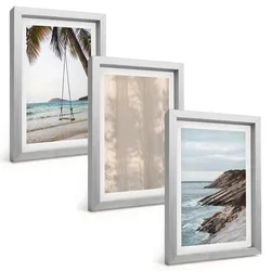 BILDER SET 3er Set - 20x30 cm Silberner Rahmen - Sommerlicher Sandstrand mit Meerblick