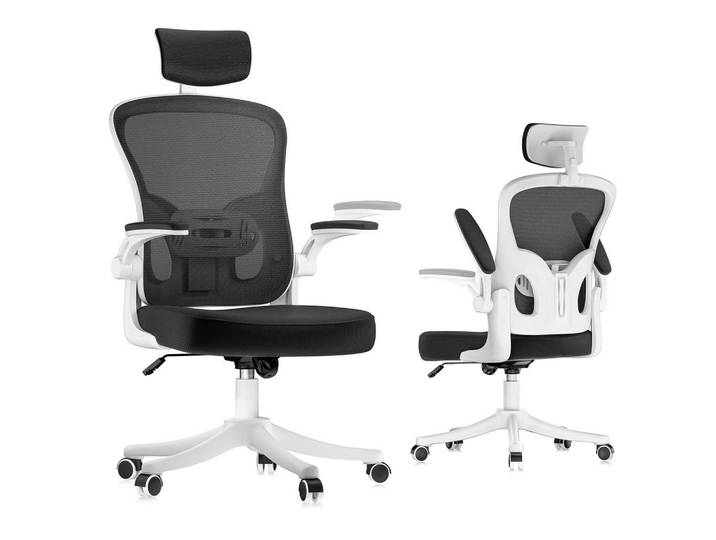 Rattantree Bürostuhl ergonomisch, höhenverstellbar, klappbare Armlehnen, Kopfstütze – Weiß, Metall, 50.5x134x52 cm, Büromöbel, Bürostühle, Drehstühle