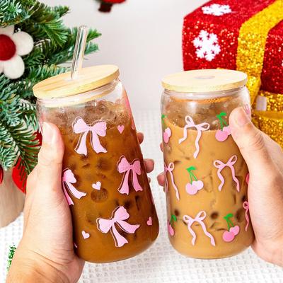 Uplifted Finds 500ml Cherry Bow Glass Tumbler High Performance Mason Jar Shaped Drinking Cup With Lid & Straw bow Style 2 Pcs