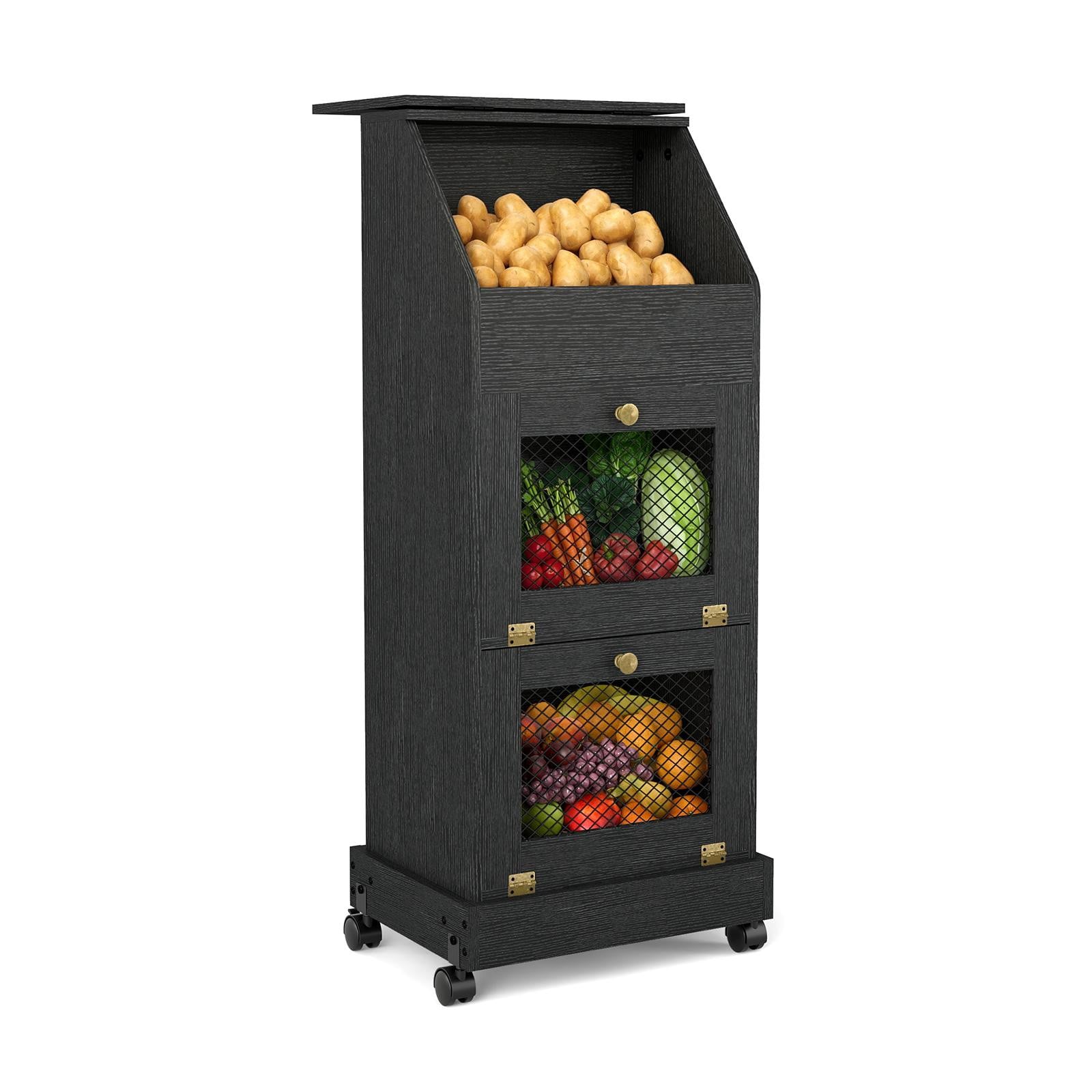 Puluomis keukenkast met groentecontainers op wielen, groentebox met ventilatie en broodvak, zwart