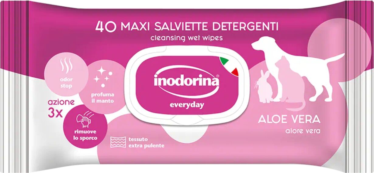 Inodorina Salviette Detergenti Umidificate per Cuccioli Cani e Gatti Aloe Vera Everyday 40 pz