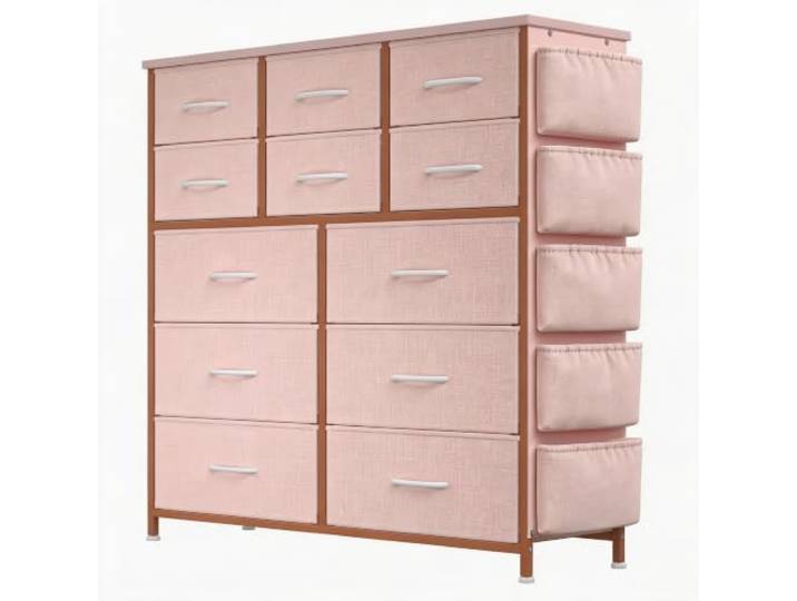 Hapterouse Kommode 12 Schubladen Stoffschrank Stauraum Grau 99x30x110cm Stabiler Metallrahmen, kationische Stoffboxen staubdicht, abwischbar, platzsparend, ideal für Flur, Diele und Schlafzimmer