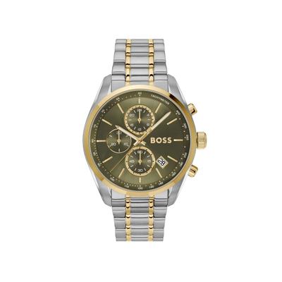 Chronograph BOSS "GRAND PRIX 44", gold (silberfarben, grün), Armbanduhren, Herren, Chronograph, Quarzuhr, Armbanduhr, Herrenuhr, Edelstahlarmband, analog, Tag
