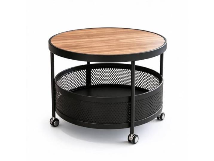 Beweglicher runder Couchtisch, 2-stufige Netzaufbewahrung Runder Wohnzimmer-Couchtisch mit rollenden Rädern, 2-stufiger Netz-Aufbewahrungskorb for Zeitschriften, Decken