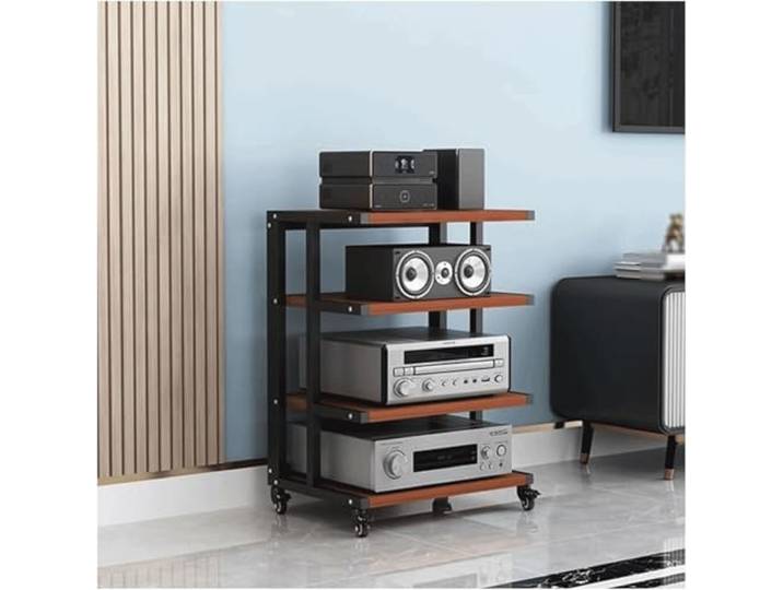 DUddTTW Audio-Rack, bewegliches Stereo-Rack, Audio-Geräte-Rack, Audio-Stereo-Regal, offenes HiFi-Rack aus Holz, Audio-Video-Regal mit Rädern(Red,4 Tier)