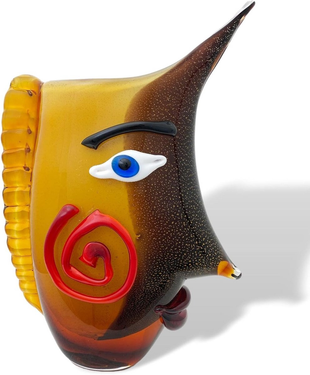 Abstracte glazen vaas met gezicht in Murano stijl en antieke look, Hoogte: 33 cm