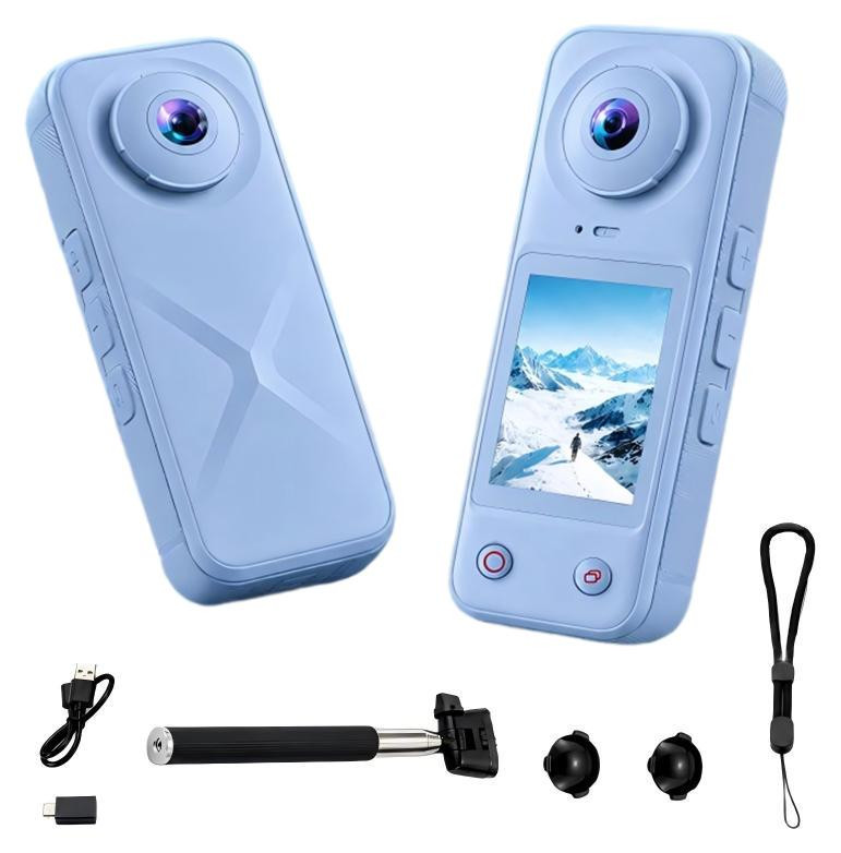 Zelurxx 4K Action Camera met dubbele camera, 200° groothoeklens, 32 GB opslag en magnetische lensbescherming, blauw