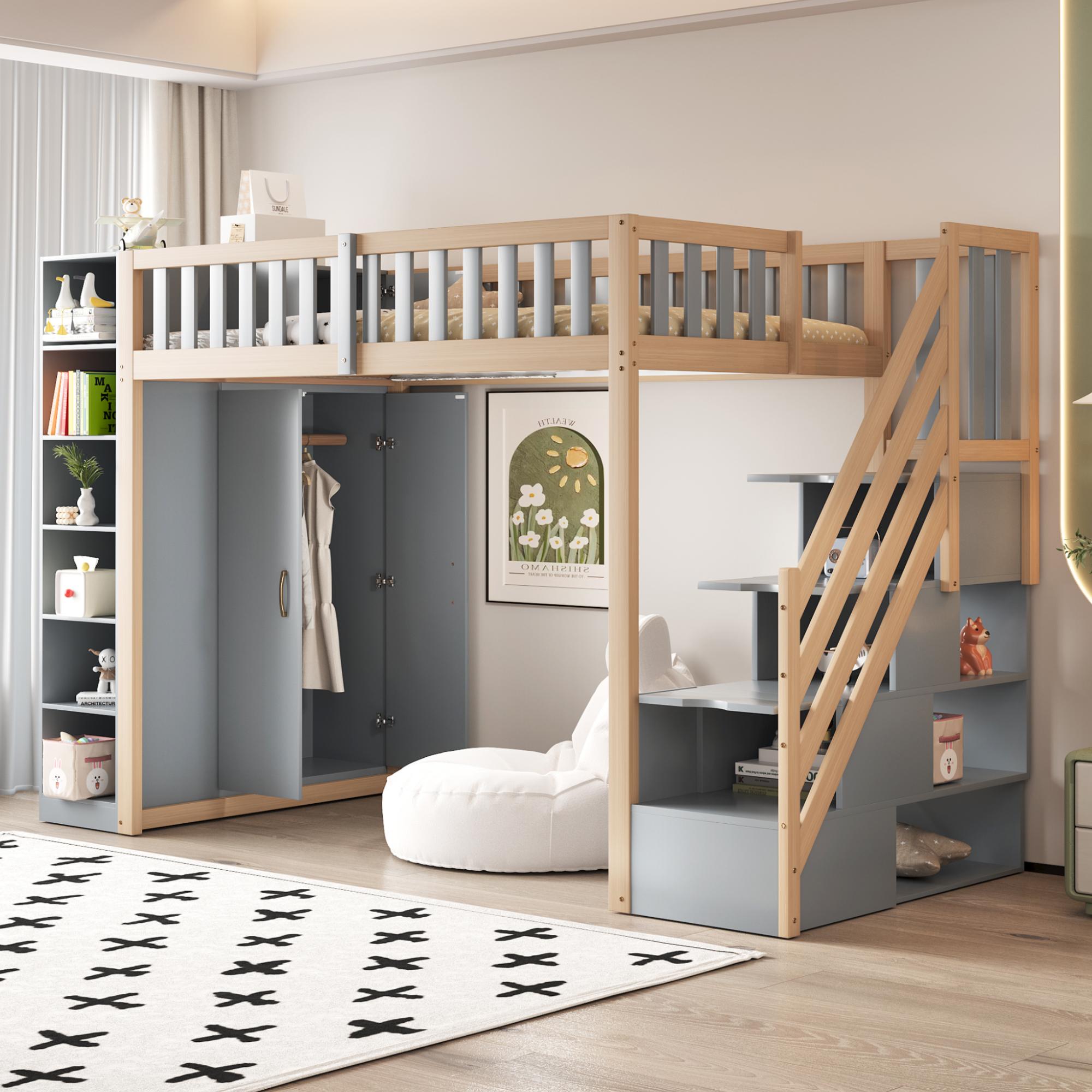 Merax Hochbett 90x200 cm mit Kleiderschrank, Etagenbett mit Regalen und Schubladenleiter, Multifunktionales Design Kinderbett, Grau + Rohholz