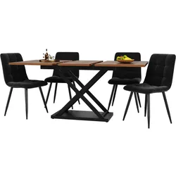 ESSGRUPPE Ausziehbarer Esstisch 120-160cm Nussbaum & 4 Samtstühle Schwarz