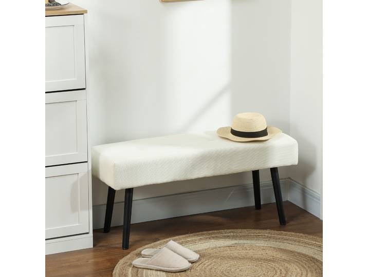 HOMCOM Banc Velours Capitonné Pieds Acier Chambre Blanc Crème