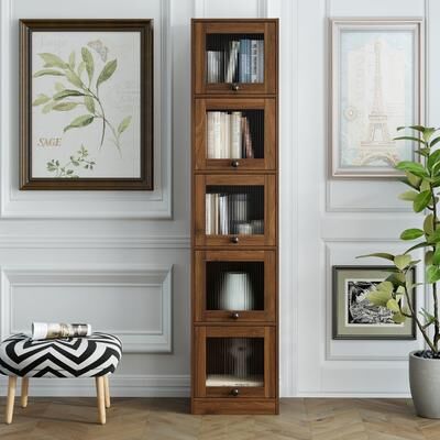 Kodotan sofa 5-Tier Slim Tall Bookcase, Narrow Storage Cabinet with Glass Flip Up Doors, Freestanding Display Bookshelf