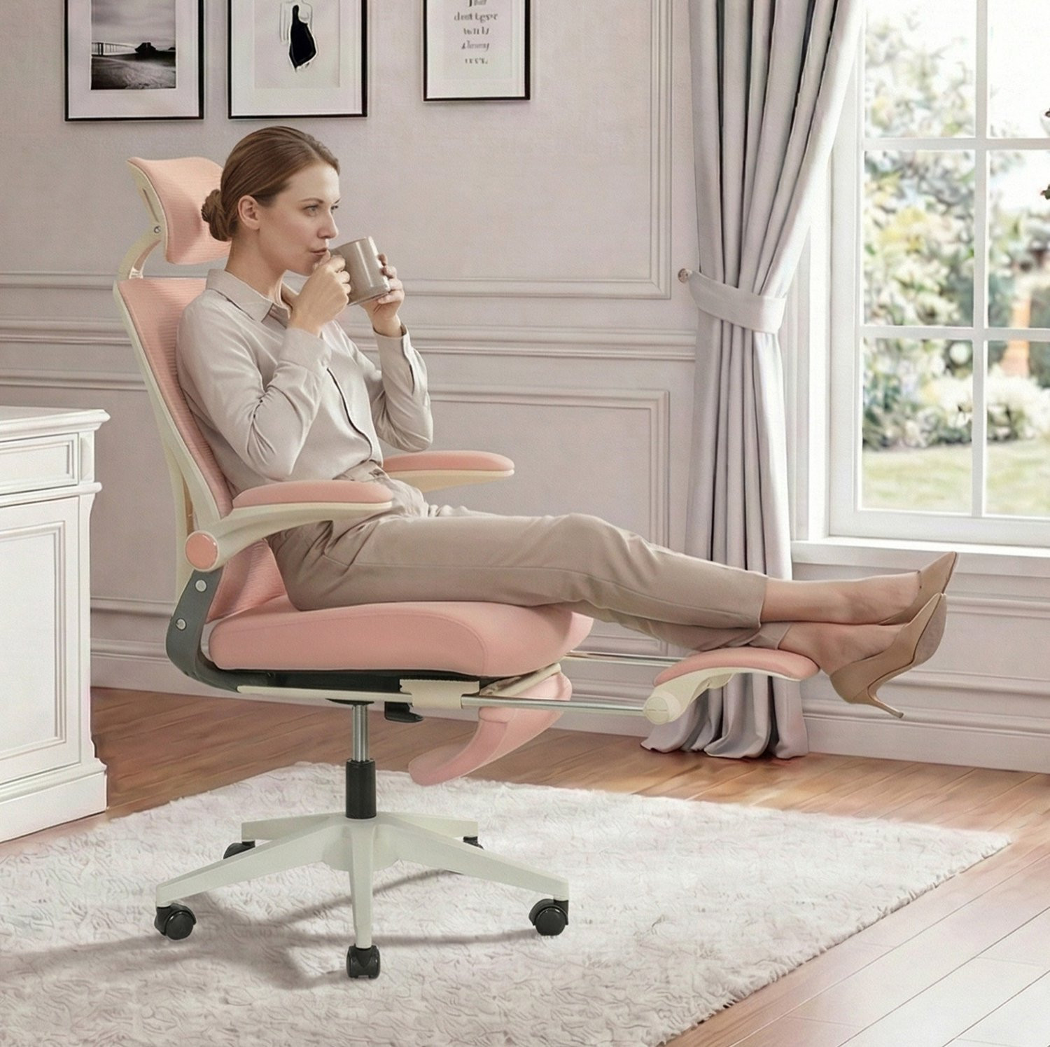 CHICFURN Inklapbare Bureaustoel met hoofdsteun - Roze