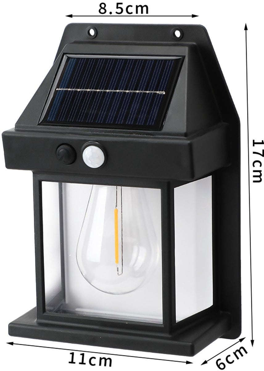 Zonne-energie LED tuinmuurlamp met bewegingssensor en IP65 waterdichtheid, zwart